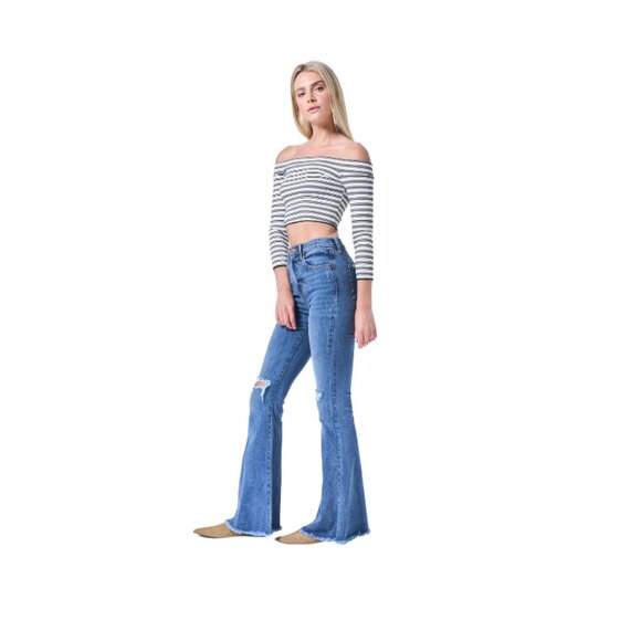 High-Rise Flare Raw Hem Medium Wash - Picture 3 of 6